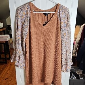 GigiO Mauve Waffle Knit V-Neck Dress with Floral Sleeve Detail